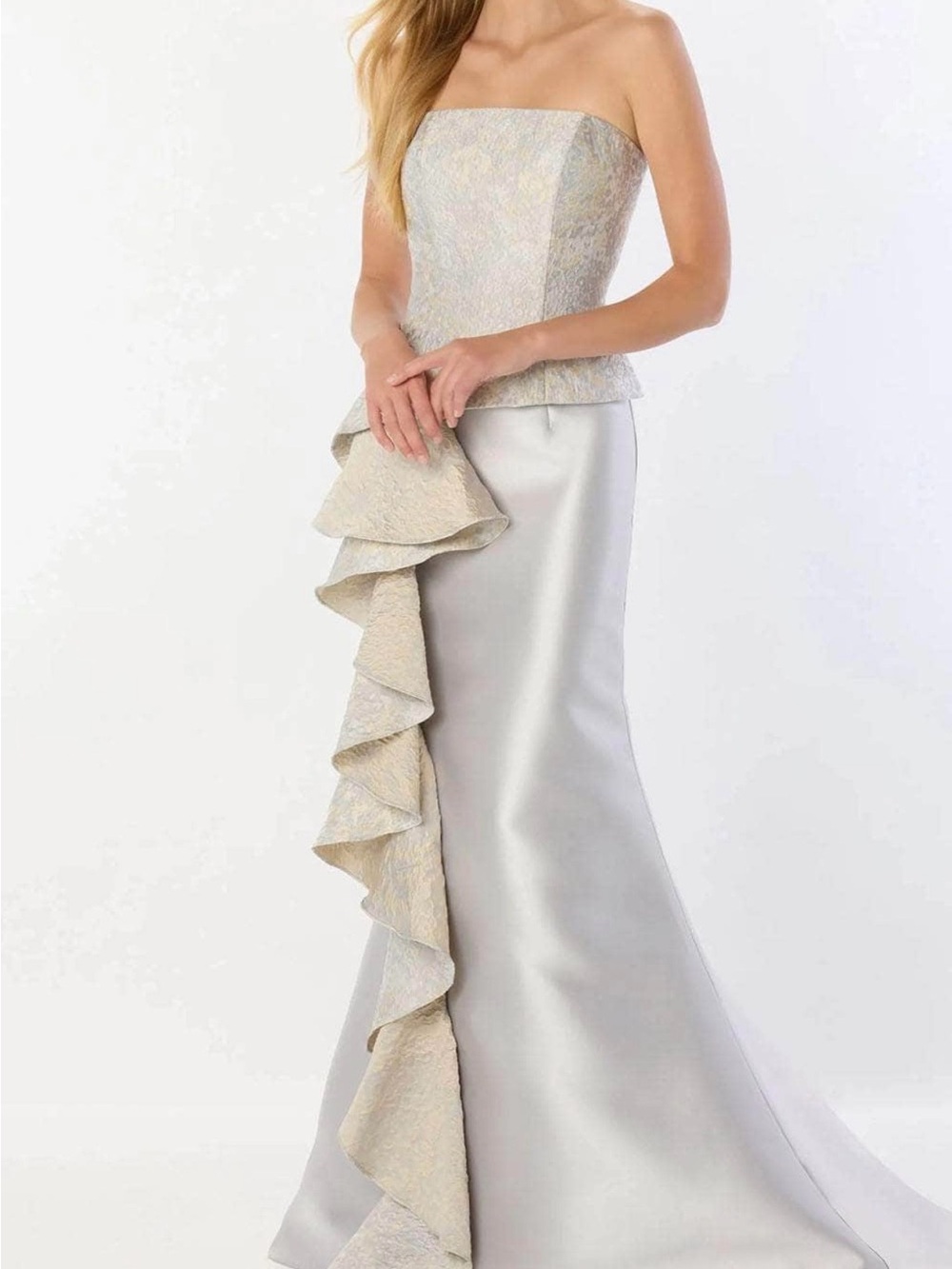 Mon Cheri Silver and Ivory Strapless Peplum Gown with Cascading Ruffle